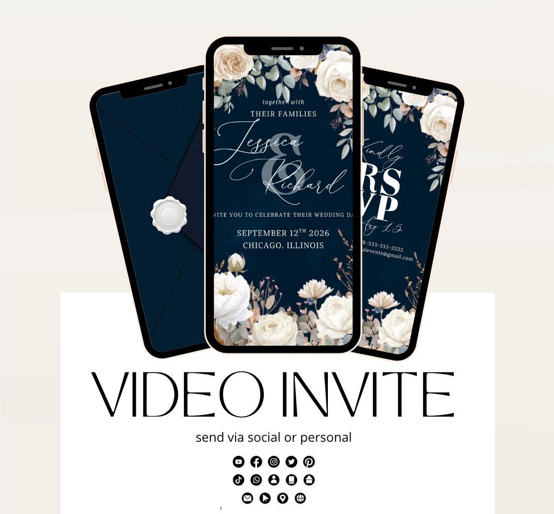 Navy blue and white florals Wedding invitation, Wedding invitation, wedding invitation template, Video Wedding invite, wedding invite-13
