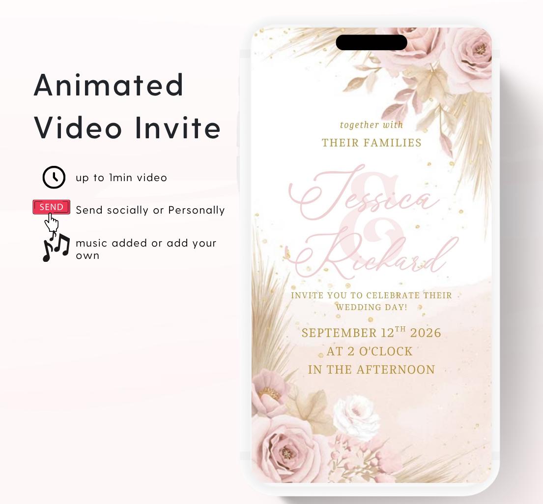 Pink and blush boho florals Wedding invitation, Wedding invitation, wedding invitation template, Video Wedding invite, wedding invite-12