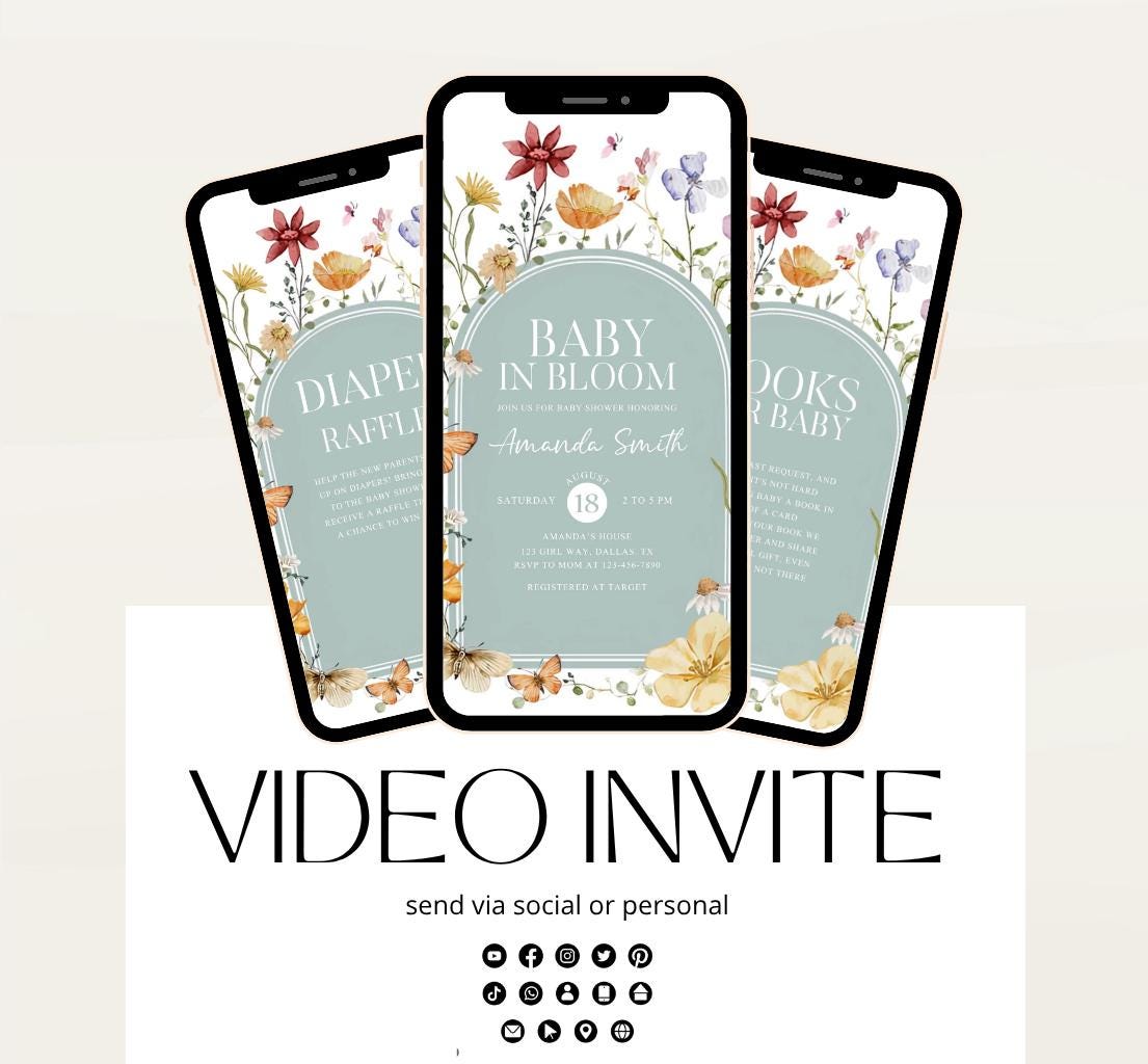 Boho Baby Shower Invitation, Boho Floral Baby Shower, Baby in bloom Baby Shower Invite, pampas Invitation, Boho Baby Invitation Animated-3