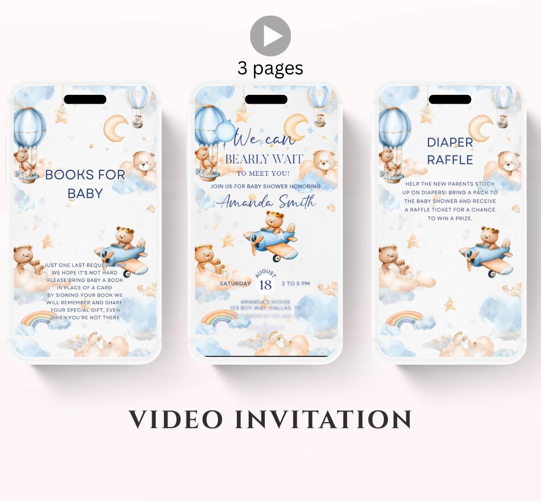Flying Teddy Bear Baby Shower Invitation We Can Bearly Wait Invite balloon Teddy Bear Template Boy Animated video- 2