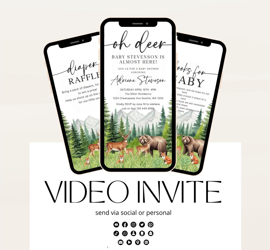 Animated Woodland Baby Shower Invitation, Boy Deer Baby Shower Invite, Woodland Animals Baby Shower, Greenery Boho invitation Woodland-5