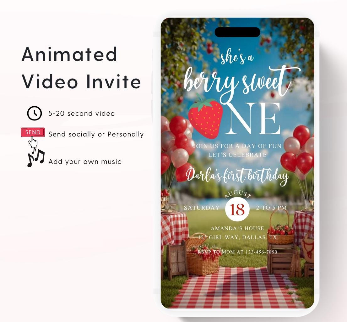 Berry Sweet First Birthday Invitation Video, Strawberry 1st Birthday Invite, Girls 1st Birthday Invitation, Printable Strawberry Invite-1