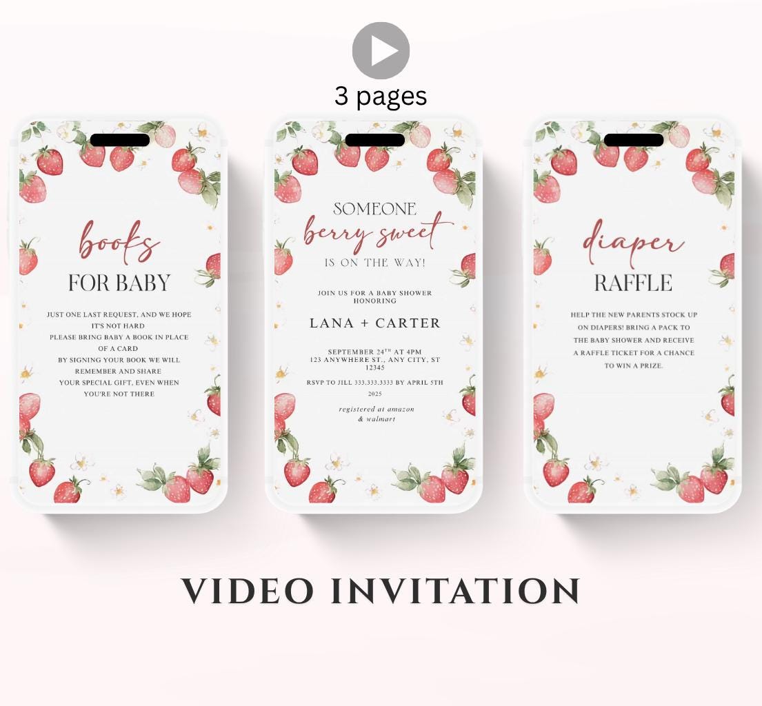Animated Berry Baby Shower Invitation , Berry Sweet Invite Baby Shower Strawberries berries Minimal Girl Baby Shower Blush Pink Strawberry-1