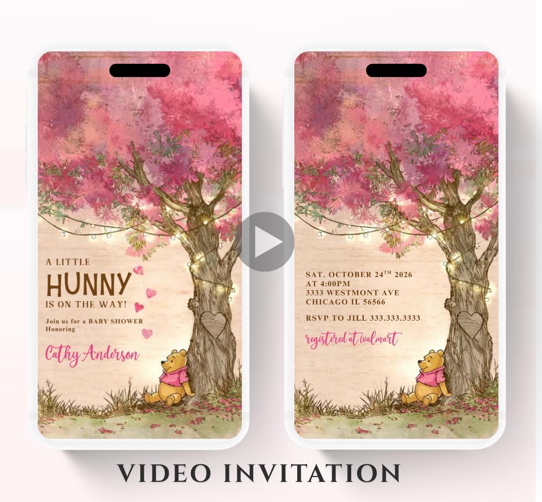 Pink Winnie Tree Invitation, Winnie The Pooh Baby Shower Invitations, Winnie The Pooh Invitations Video invitation, Winnie baby shower-21