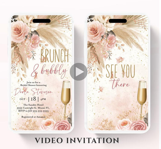 Brunch and Bubbly Bridal Shower Invitation Video, Champagne Shower Invite, Boho pink Bridal Shower Invitation, Brunch Invite-1