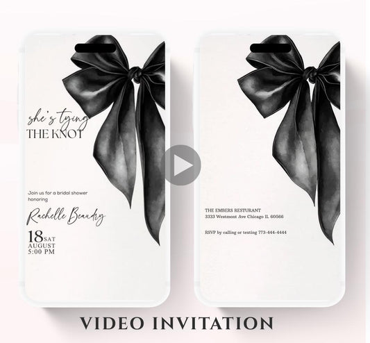She's Tying the Knot Bridal Shower Invitation Template,Video Black Bow Bridal Shower Invite,Ribbon WeddingShower,BacheloretteParty Invite-1