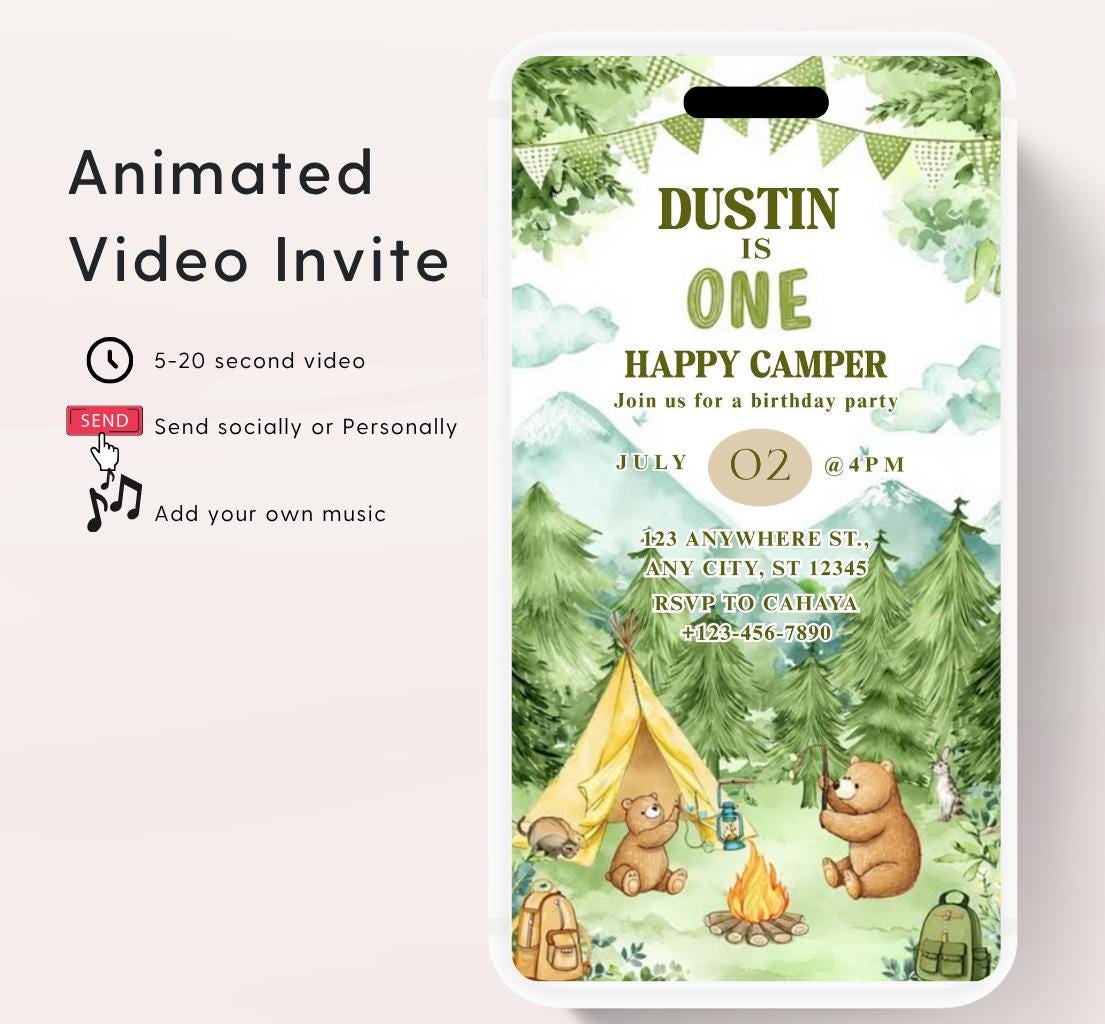 One Happy Camper Birthday Invitation, Boy First Birthday, Boy Happy camper Invitation, Camping 1st Birthday, Canva Video Invitation-2