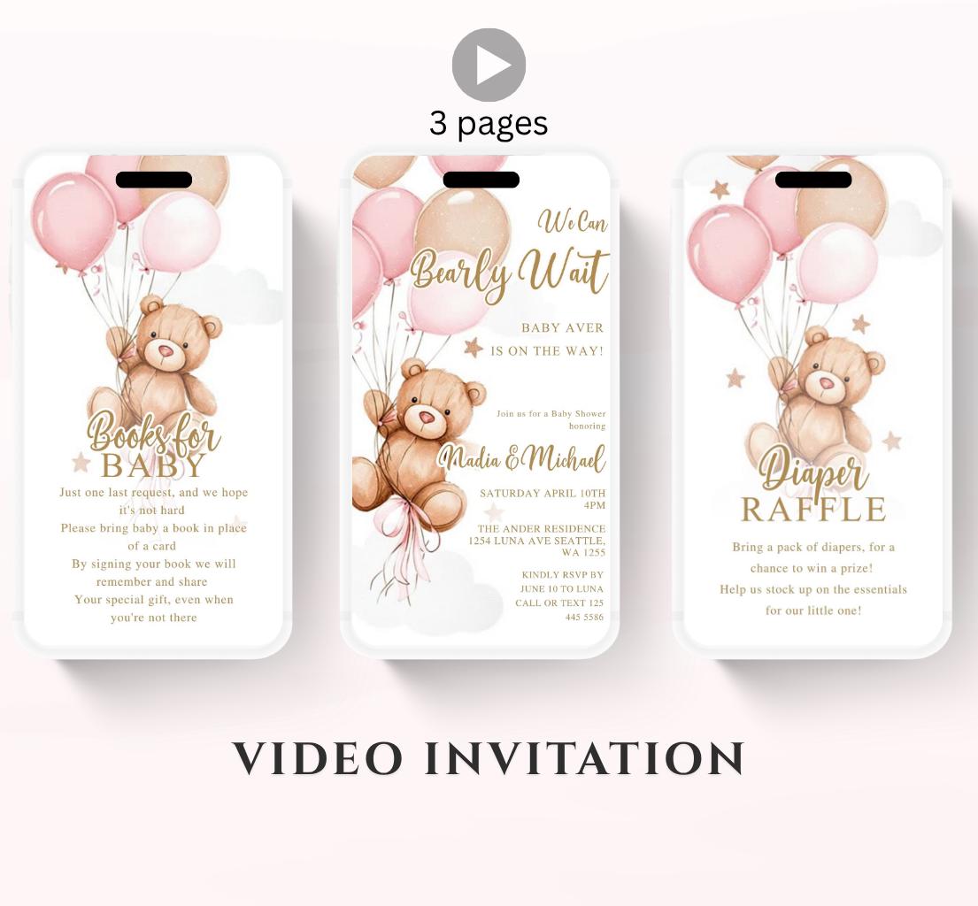 Teddy Bear Baby Shower Invitation We Can Bearly Wait Invite balloon Teddy Bear Template girl Animated video- 3