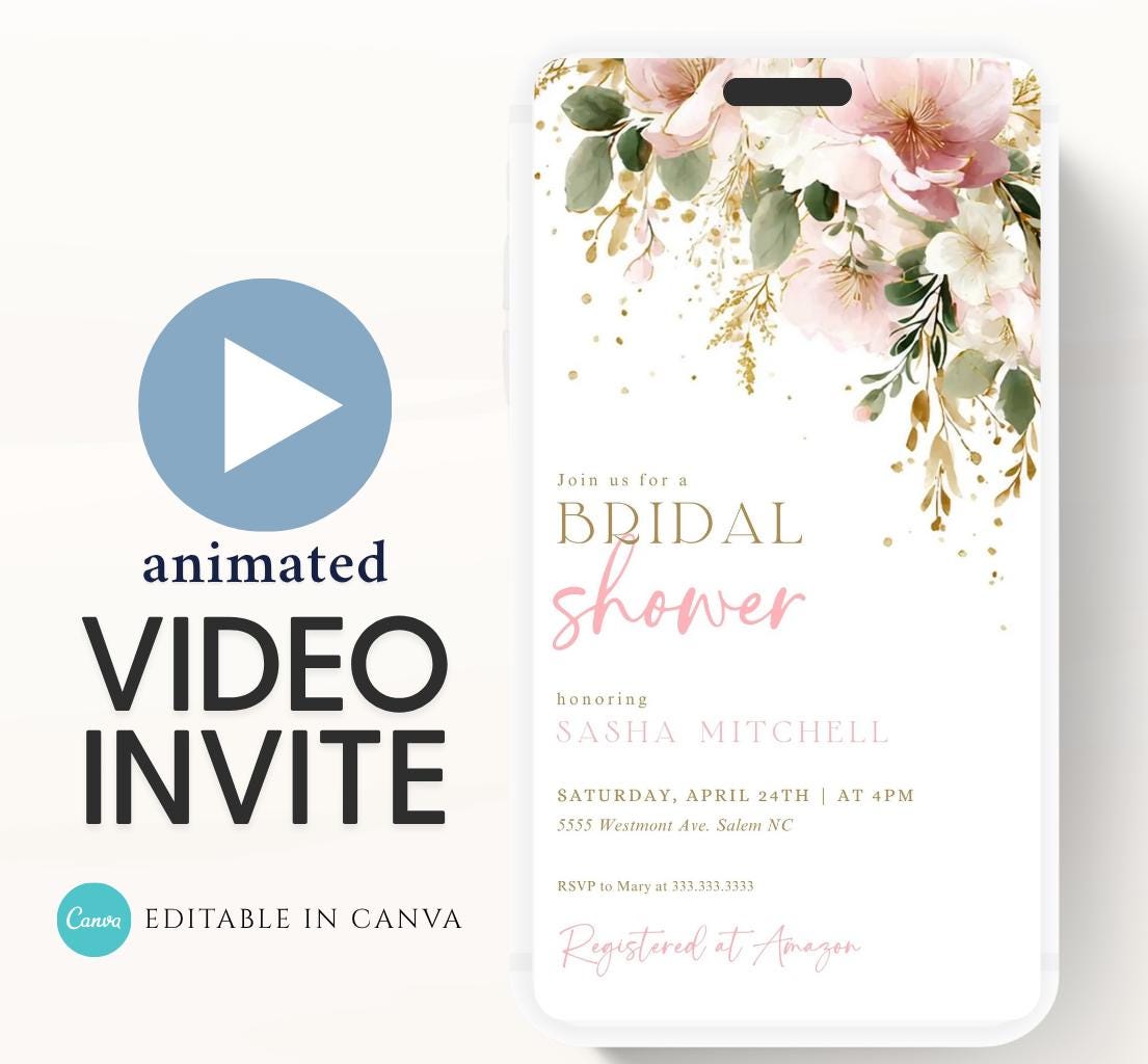 Blush Pink Bridal Shower Invitation, Video Bloom Pink Bridal Shower Invite, Editable Canva Floral Bridal Shower-1