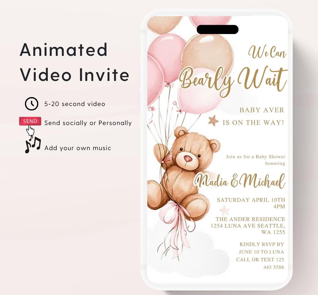 Teddy Bear Baby Shower Invitation We Can Bearly Wait Invite balloon Teddy Bear Template girl Animated video- 3