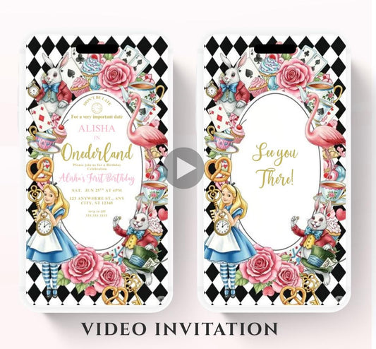 Video Wonderland birthday invitation, Alice in wonderland birthday invitation, Mad hatter first birthday, Wonderland first birthday invite