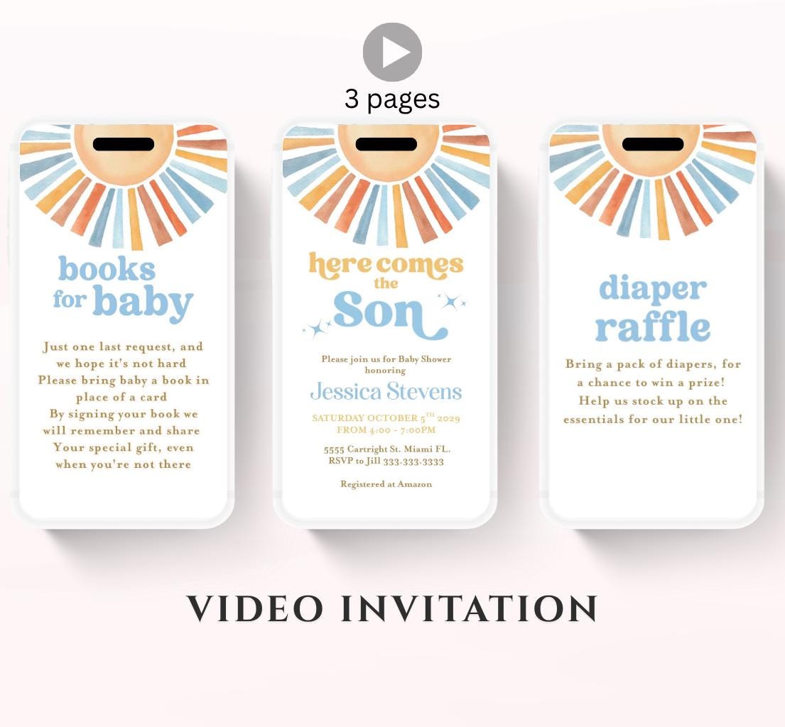 Animated Sunshine Baby Shower Invitation, Here Comes the Son Baby Shower Invite, Boy Sonshine Baby Shower, Boho Sunshine Shower sun baby-3