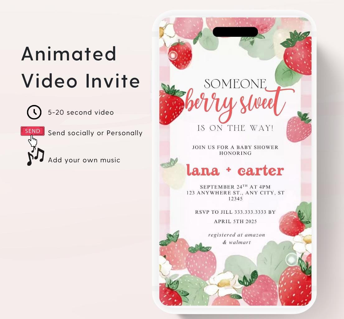Animated Berry Baby Shower Invitation , Berry Sweet Invite Baby Shower Strawberries berries Minimal Girl Baby Shower Blush Pink Strawberry-2