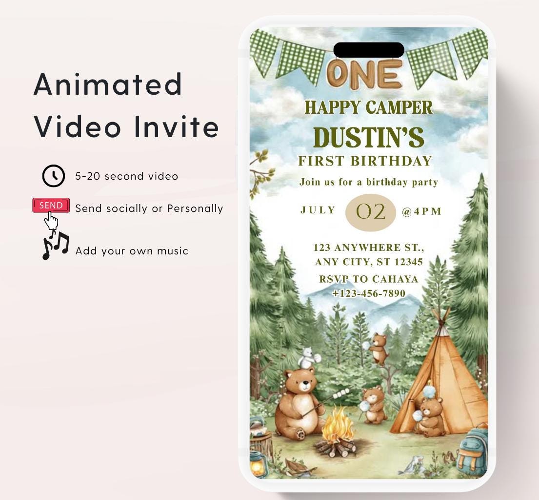 One Happy Camper Birthday Invitation, Boy First Birthday, Boy Happy camper Invitation, Camping 1st Birthday, Canva Video Invitation-3