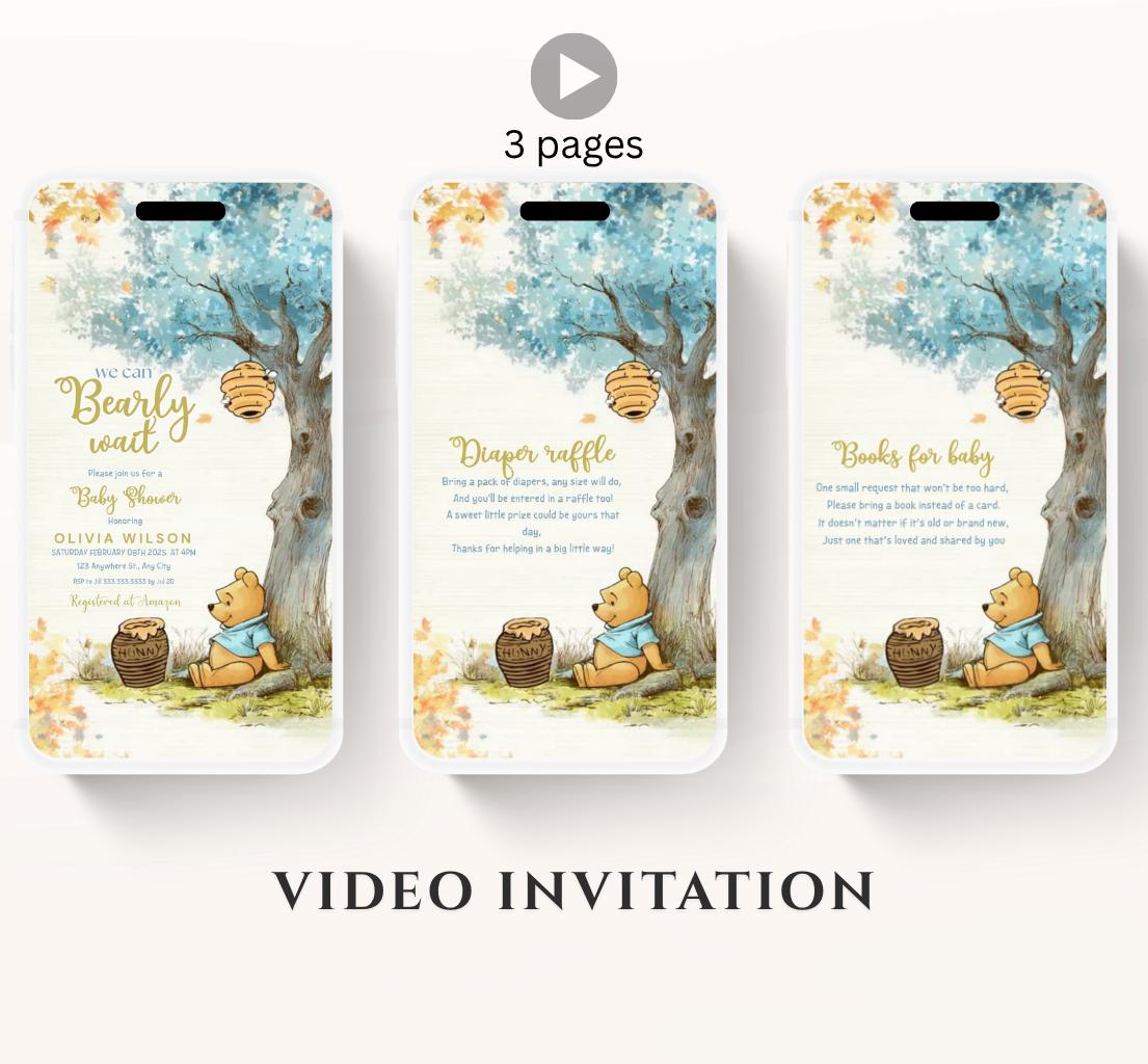Blue Winnie shower Invitation, Winnie The Pooh Baby Shower Invitations, Winnie The Pooh Invitations Video invitation, Winnie baby shower-24