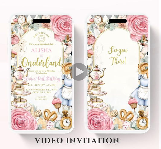 Video Wonderland birthday invitation, Alice in wonderland birthday invitation, Mad hatter first birthday, Wonderland first birthday invite-3