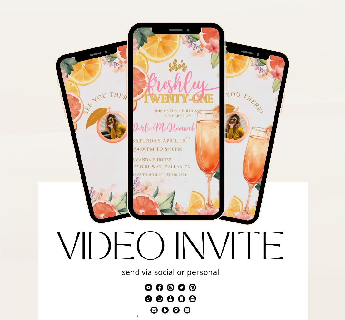 Citrus Birthday Brunch Invite. Digital Animated 21st birthday Party Invitation. Lemon Yellow and Pink Citrus Birthday Video invite-1