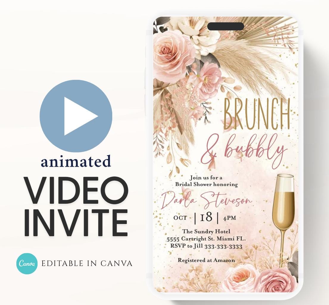 Brunch and Bubbly Bridal Shower Invitation Video, Champagne Shower Invite, Boho pink Bridal Shower Invitation, Brunch Invite-1
