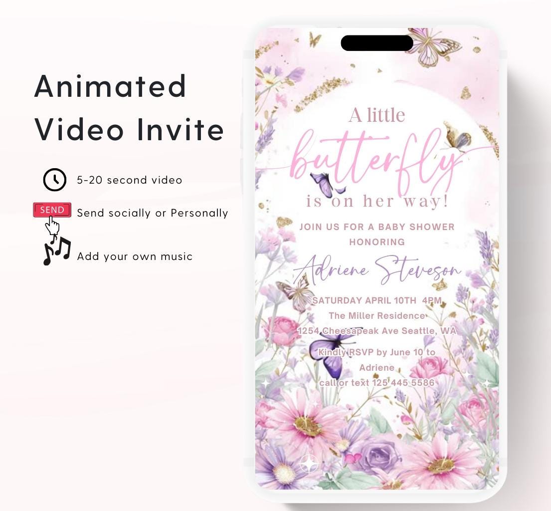 Butterfly Baby Shower Invitation animated, video Baby Shower Butterflies Invitation Enchanted Baby Shower invite Pink Butterflies-2