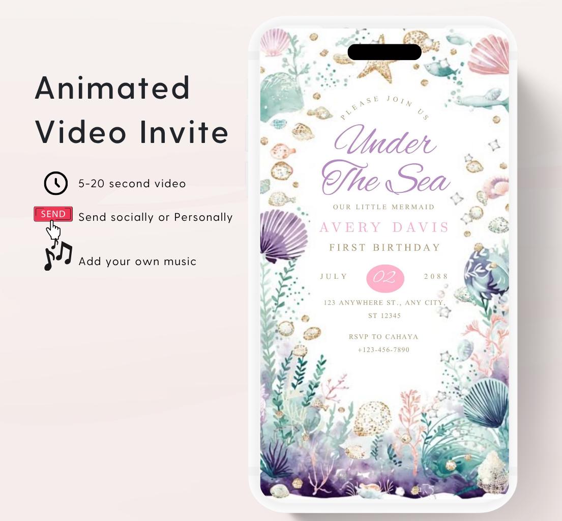 Animated Under The Sea Birthday Invitation, Editable Ocean Animals Party Invite, Magical Sea Life Invitation Sea Beach birthday invite-2