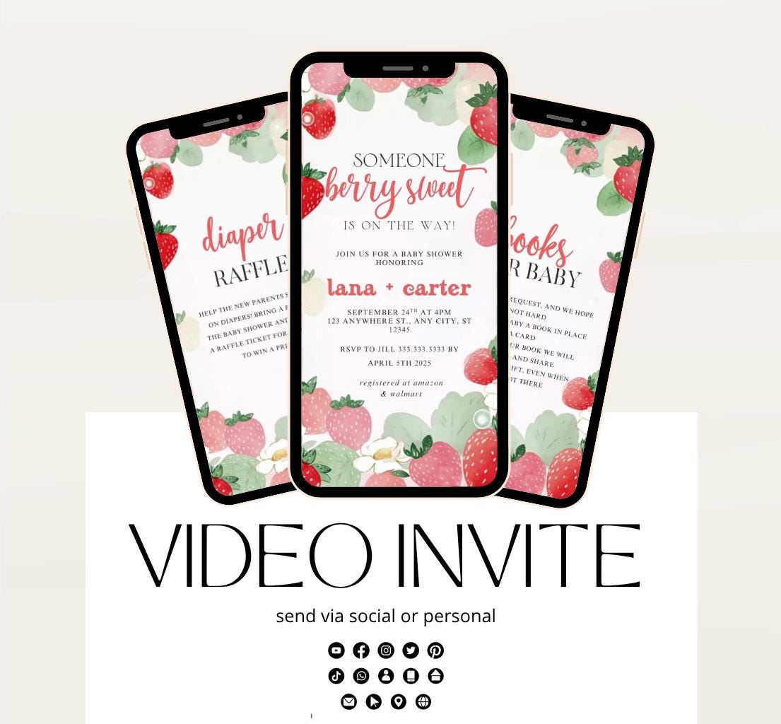 Animated Berry Baby Shower Invitation , Berry Sweet Invite Baby Shower Strawberries berries Minimal Girl Baby Shower Blush Pink Strawberry-2