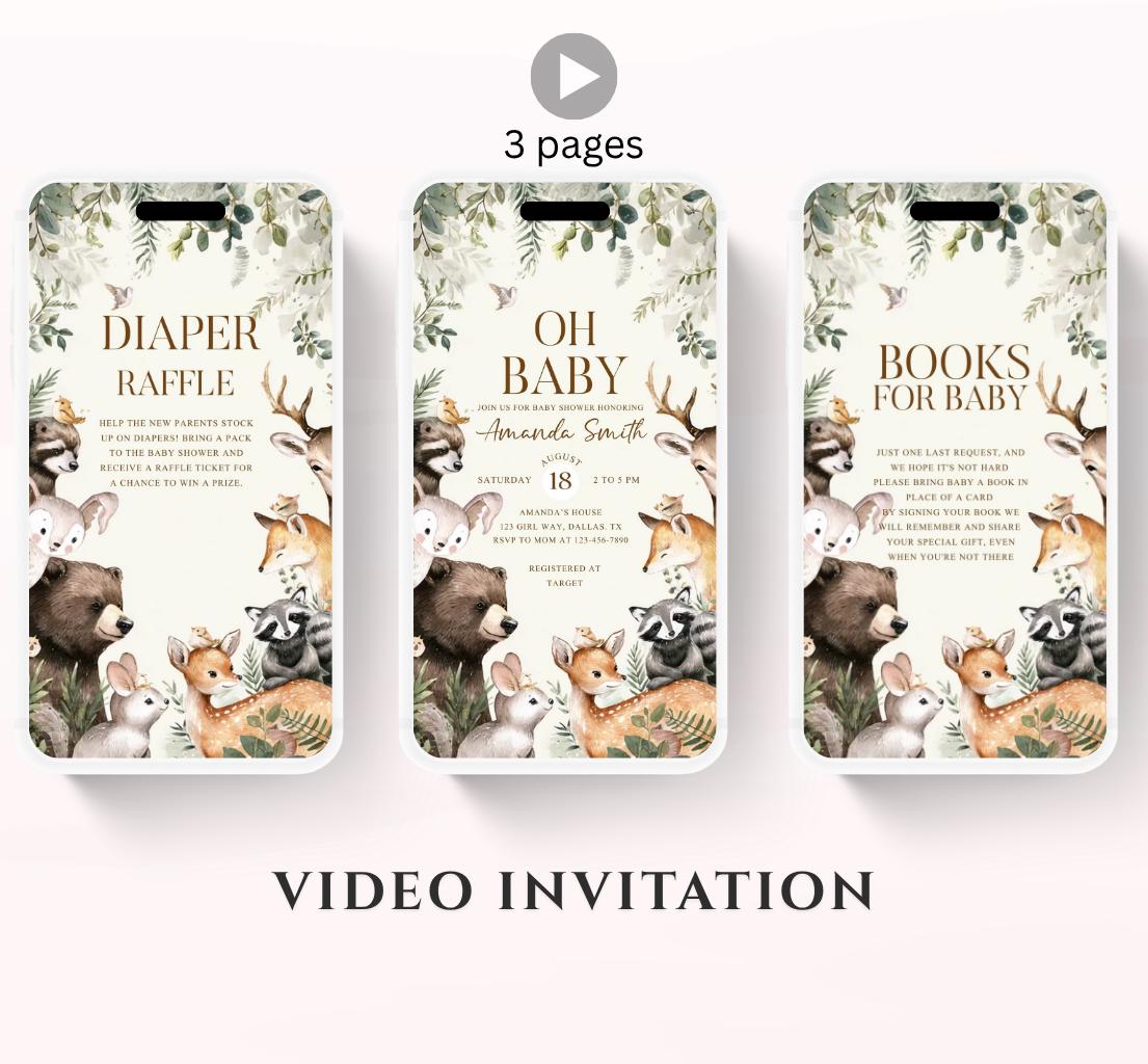 Animated Woodland Baby Shower Invitation, Boy Woodland Baby Shower Invite, Woodland Animals Baby Shower, Greenery Boho invitation Woodland-4