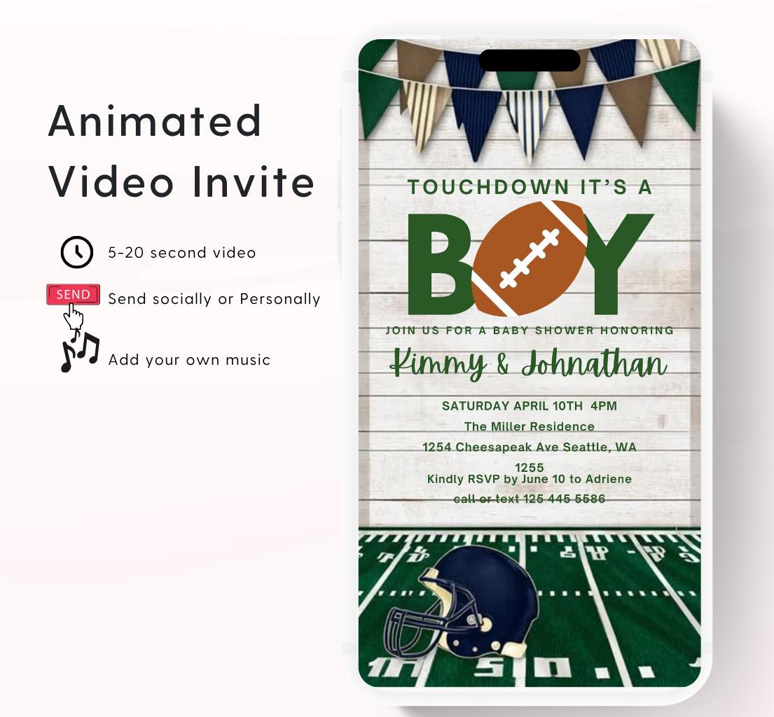 Animated Football Baby Shower Invitation Template, Tailgate, Oh Boy Football Baby Shower Invite, Touchdown Baby Shower, video invitation-2