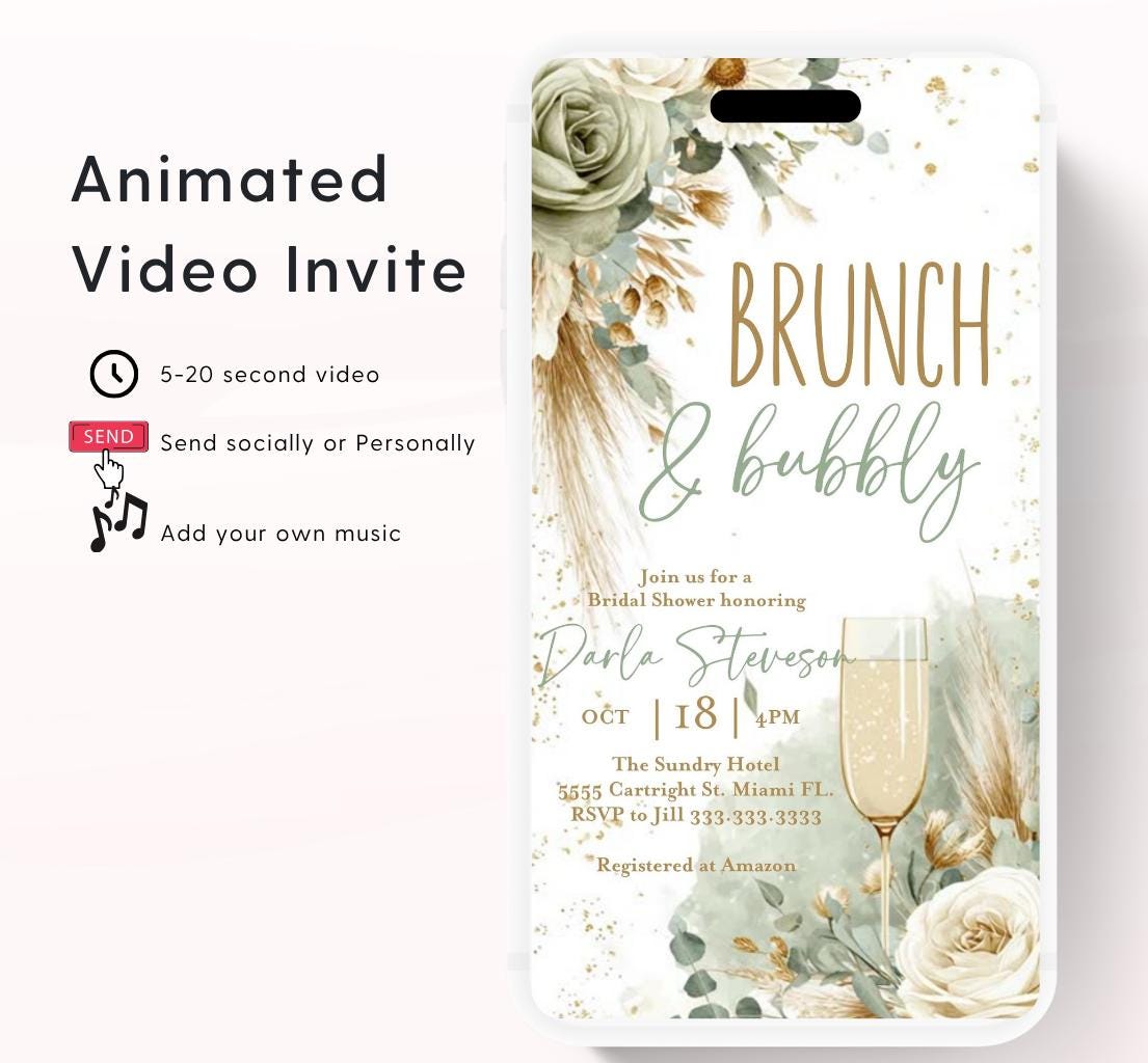 Brunch and Bubbly Bridal Shower Invitation Video, Champagne Shower Invite, Boho sage green Bridal Shower Invitation, Brunch Invite-3