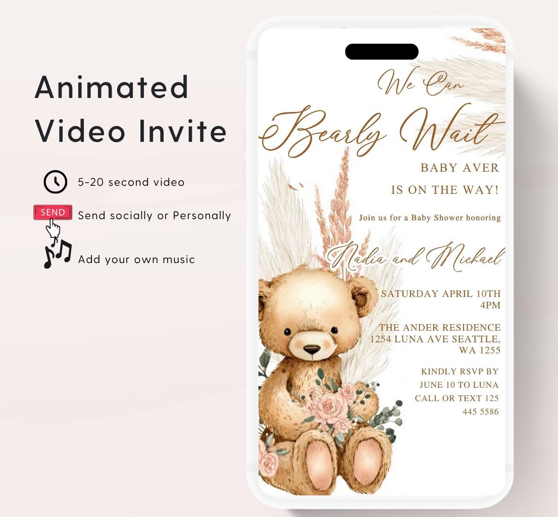 Teddy Bear Baby Shower Invitation We Can Bearly Wait Invite Boho Bohemian pink Pampas Grass Teddy Bear Template Boy Animated video- 2