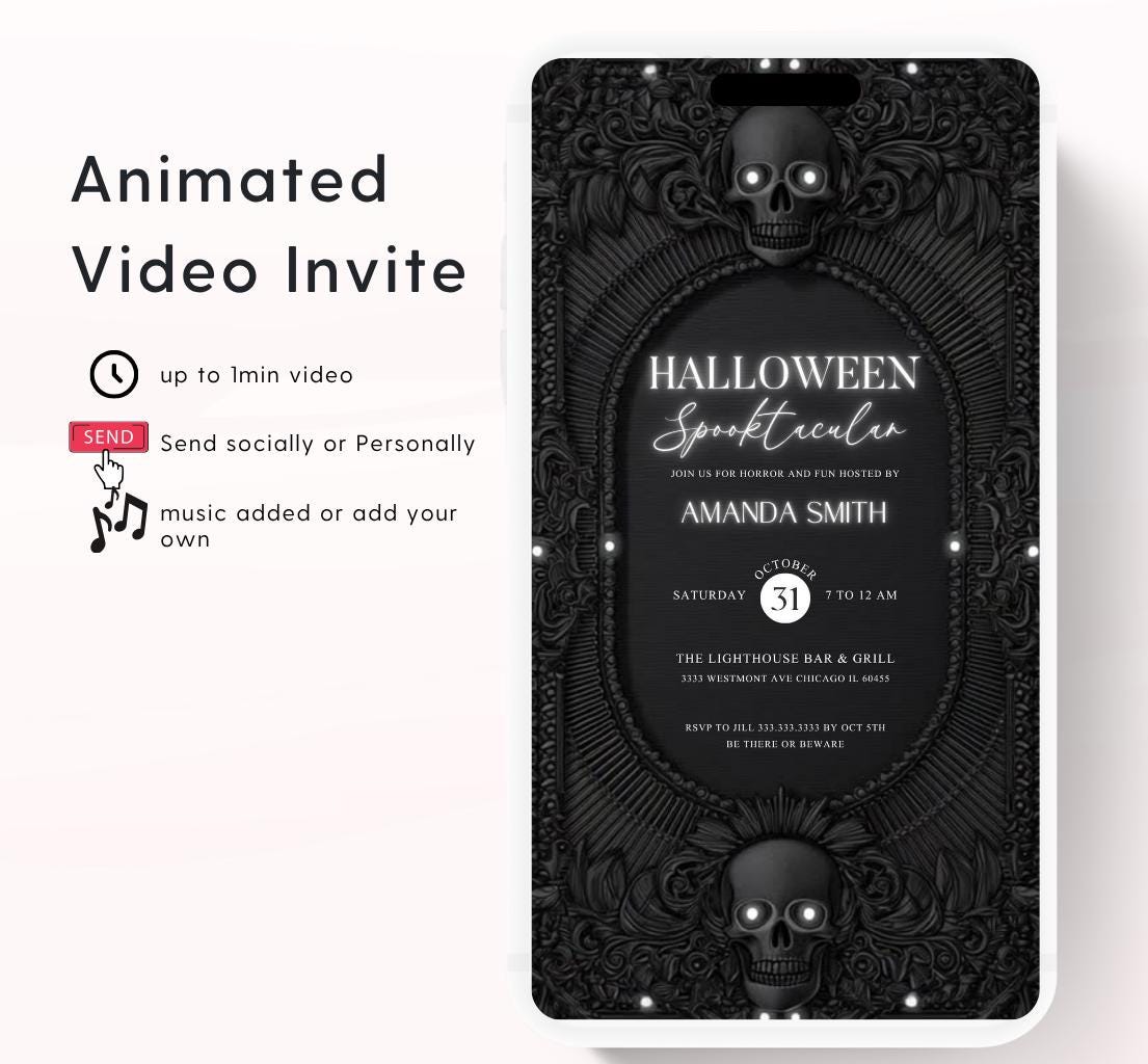 Dark skull Halloween party invitation, Halloween spooktacular Adults Halloween Costume party Invite Video Digital party invitation-11