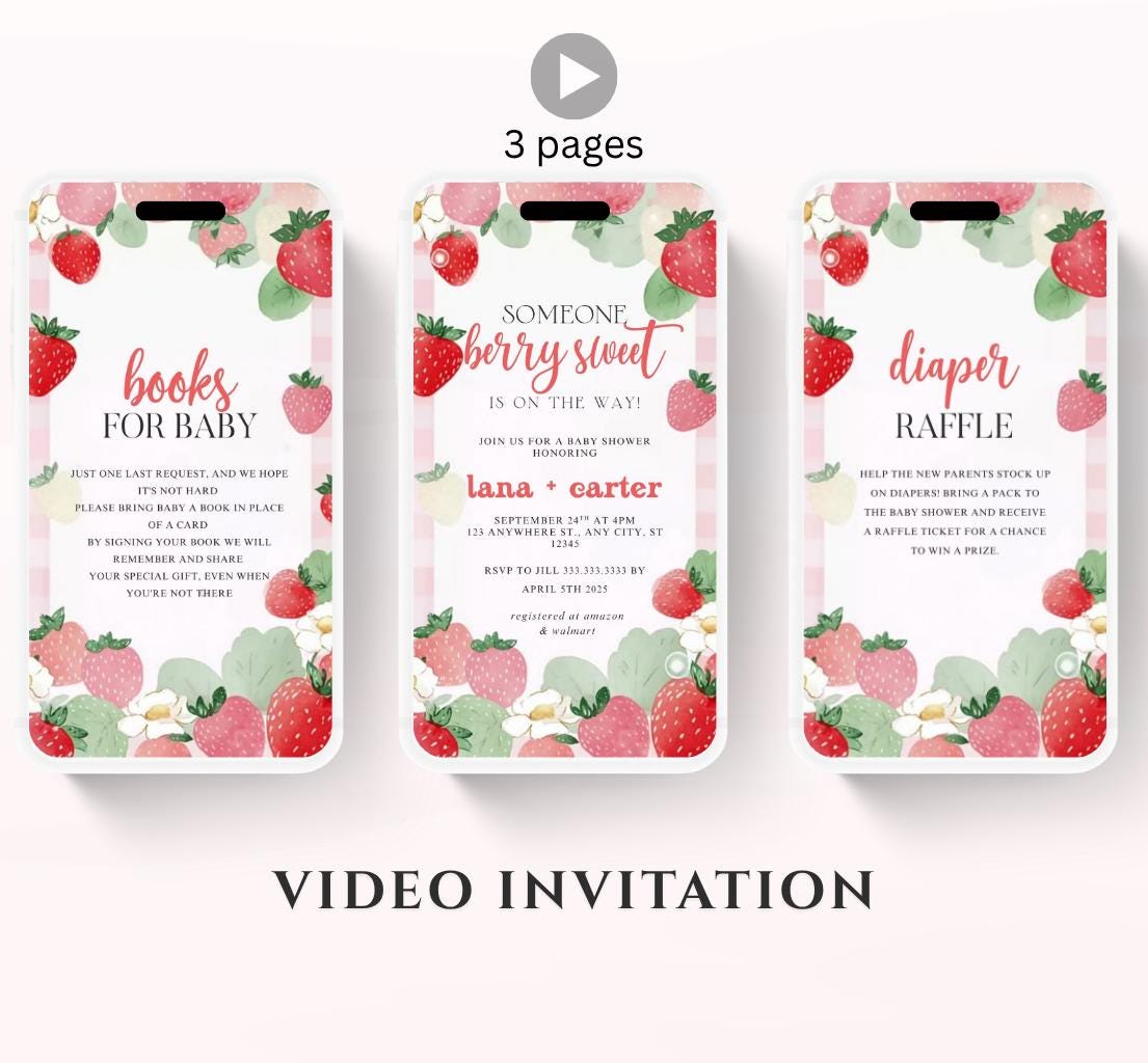 Animated Berry Baby Shower Invitation , Berry Sweet Invite Baby Shower Strawberries berries Minimal Girl Baby Shower Blush Pink Strawberry-2