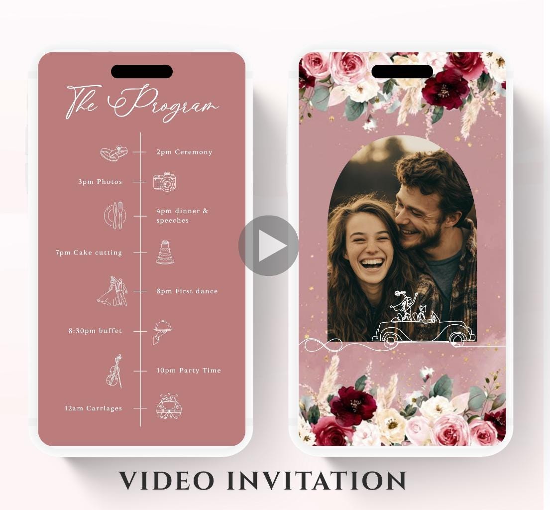 Pink and Burgundy flowers Wedding invitation, Wedding invitation, wedding invitation template, Video Wedding invite, wedding invite-7