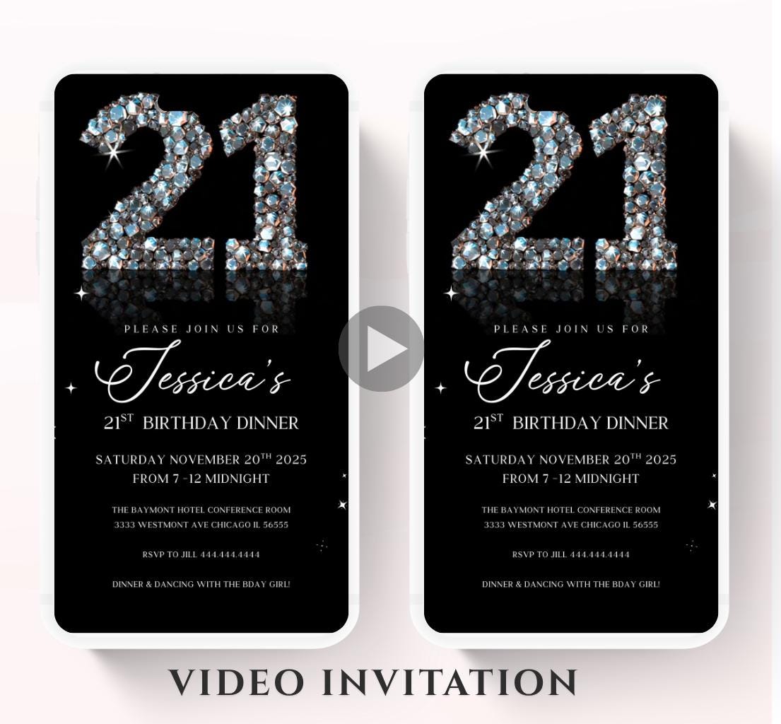 Animated 21st Evite Birthday for Adult Invite, Modern 21st Birthday Invite, Digital Animated Diamond Digital 21st Birthday-1