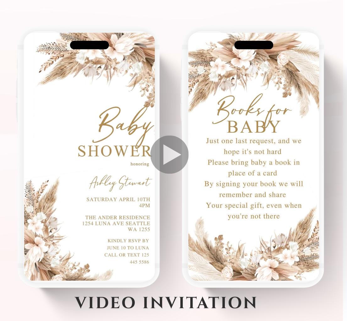 Boho Baby Shower Invitation, Boho Floral Baby Shower, Baby Girl Baby Shower Invite, pampas Invitation, Boho Baby Invitation Animated-2