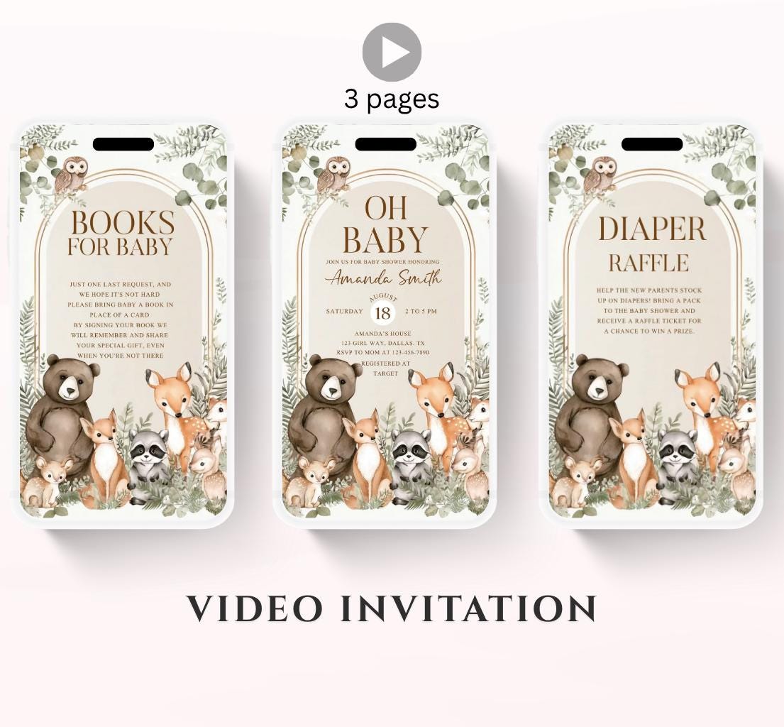 Animated Woodland Baby Shower Invitation, Boy Woodland Baby Shower Invite, Woodland Animals Baby Shower, Greenery Boho invitation Woodland-3