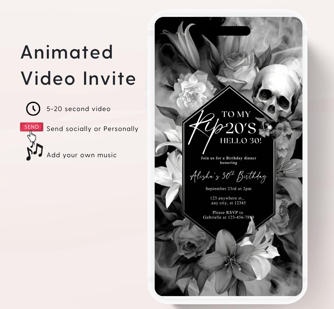 Animated 30th Evite Birthday for Adult Invite, Modern 30th Birthday Invite, Digital Animated Rip 20's Digital Halloween 30th Birthday-14