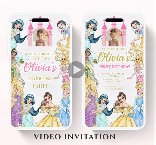 Princess Birthday Invitation, Princess Invitation, Princess Party Invitation, Girl Princesses Theme Invite Digital Editable Video invite-1
