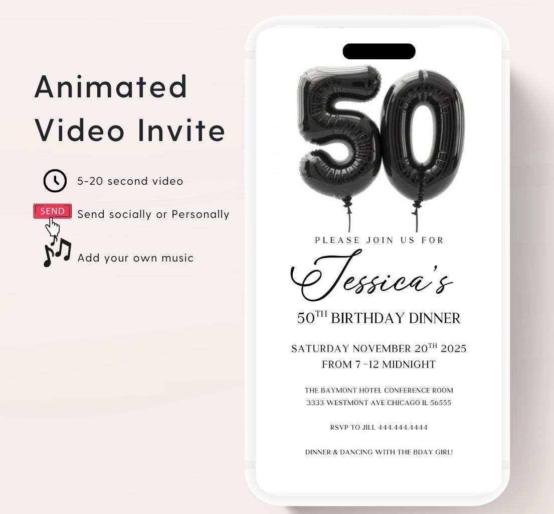 Animated 50th Evite Birthday for Adult Invite, Modern 50th Birthday Invite, Digital Animated Balloon Digital 50th Birthday-1