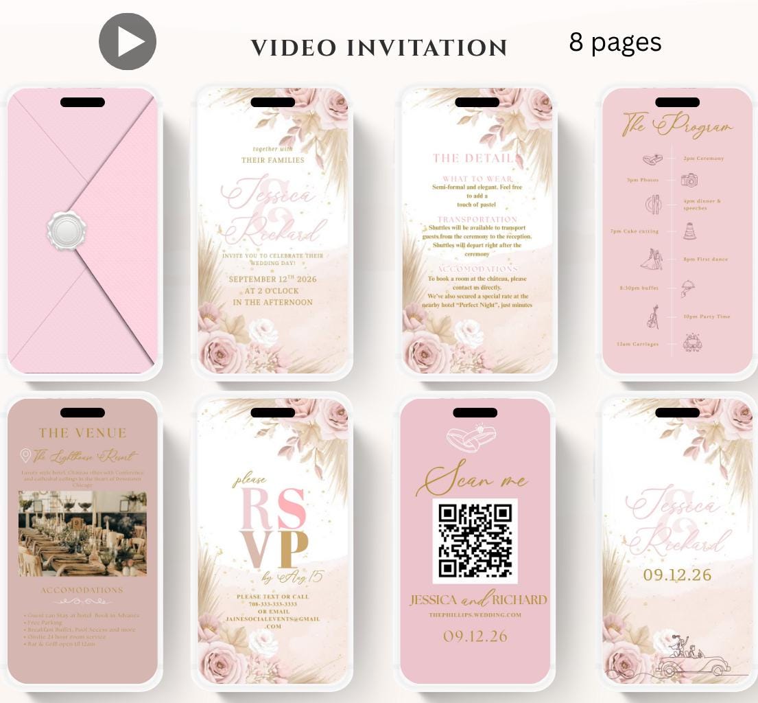 Pink and blush boho florals Wedding invitation, Wedding invitation, wedding invitation template, Video Wedding invite, wedding invite-12
