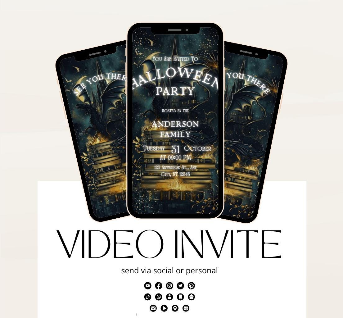Video Dragons Halloween Invitations Halloween Party Invite dragons Adults Halloween Costume party Invite Editable Digital Download-2