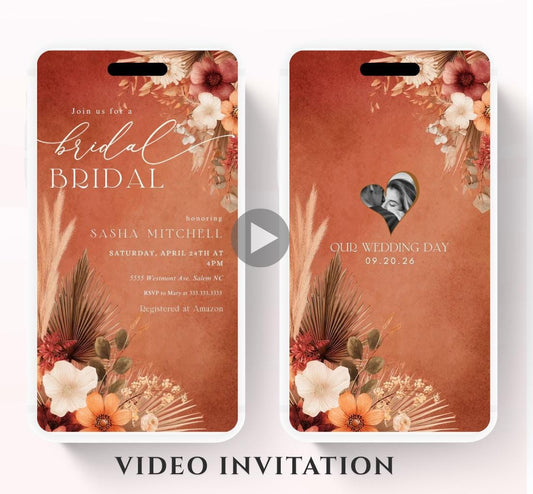 Video Bridal Shower Invitation Template, Pampas & Floral, Bridal shower fall, Boho, Arch, Palm Leaf, Rust, Burnt Orange, Terracotta-3