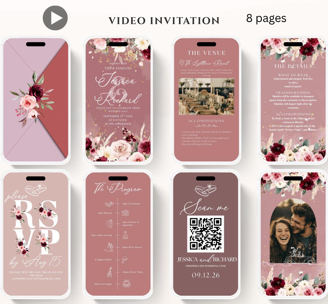 Pink and Burgundy flowers Wedding invitation, Wedding invitation, wedding invitation template, Video Wedding invite, wedding invite-7