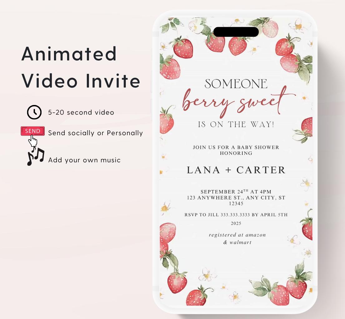Animated Berry Baby Shower Invitation , Berry Sweet Invite Baby Shower Strawberries berries Minimal Girl Baby Shower Blush Pink Strawberry-1