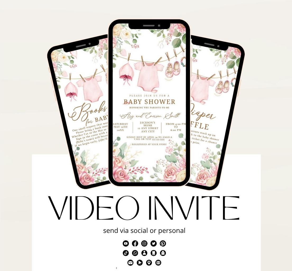 Boho Girl Clothesline Baby Shower Invitation, Boho Baby Clothes, Editable Instant Digital Animated Video invitation-1