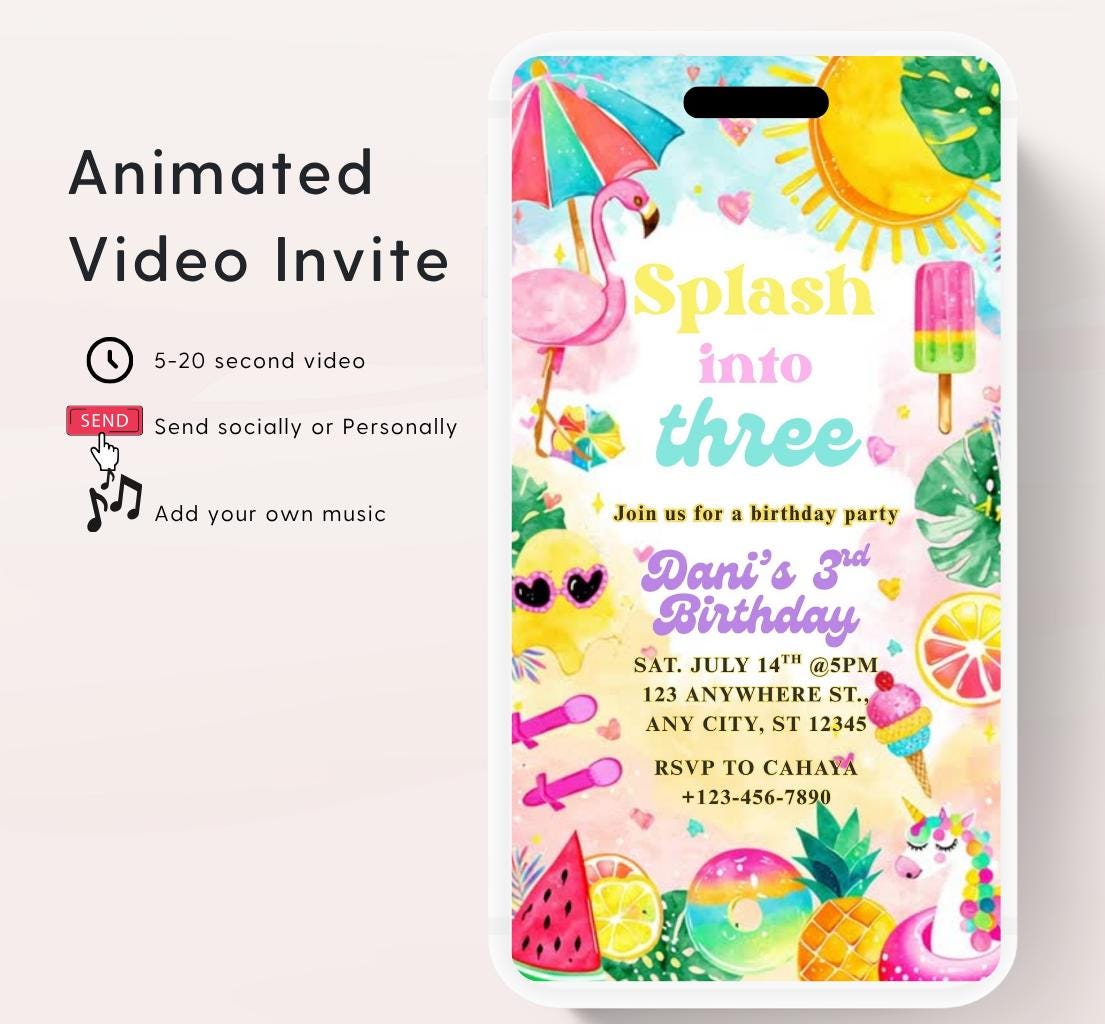 Pool Splash into three 3rd Birthday Pool Party Invitation Girly Summer 3rd Birthday Splash Pad Party Video Invitation any age -1