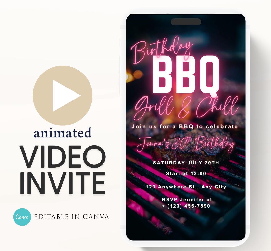 Digital Birthday BBQ Chill and Grill Invitation. Animated Barbeque Party Invite in Neon Pink. Birthday invite Video-2