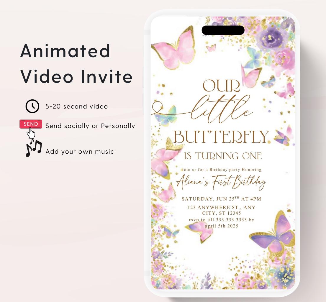 Butterfly Birthday Invitation, Floral Butterfly Invitation, Whimsical Floral Butterfly, Floral Butterfly Garden, Animated-1