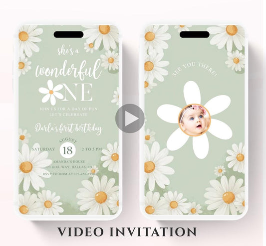 Daisy Birthday Invitation, Daisy 1st Birthday Invite, 1st Birthday Girl, Boho Daisy Invitation, Green Daisies video invite-1