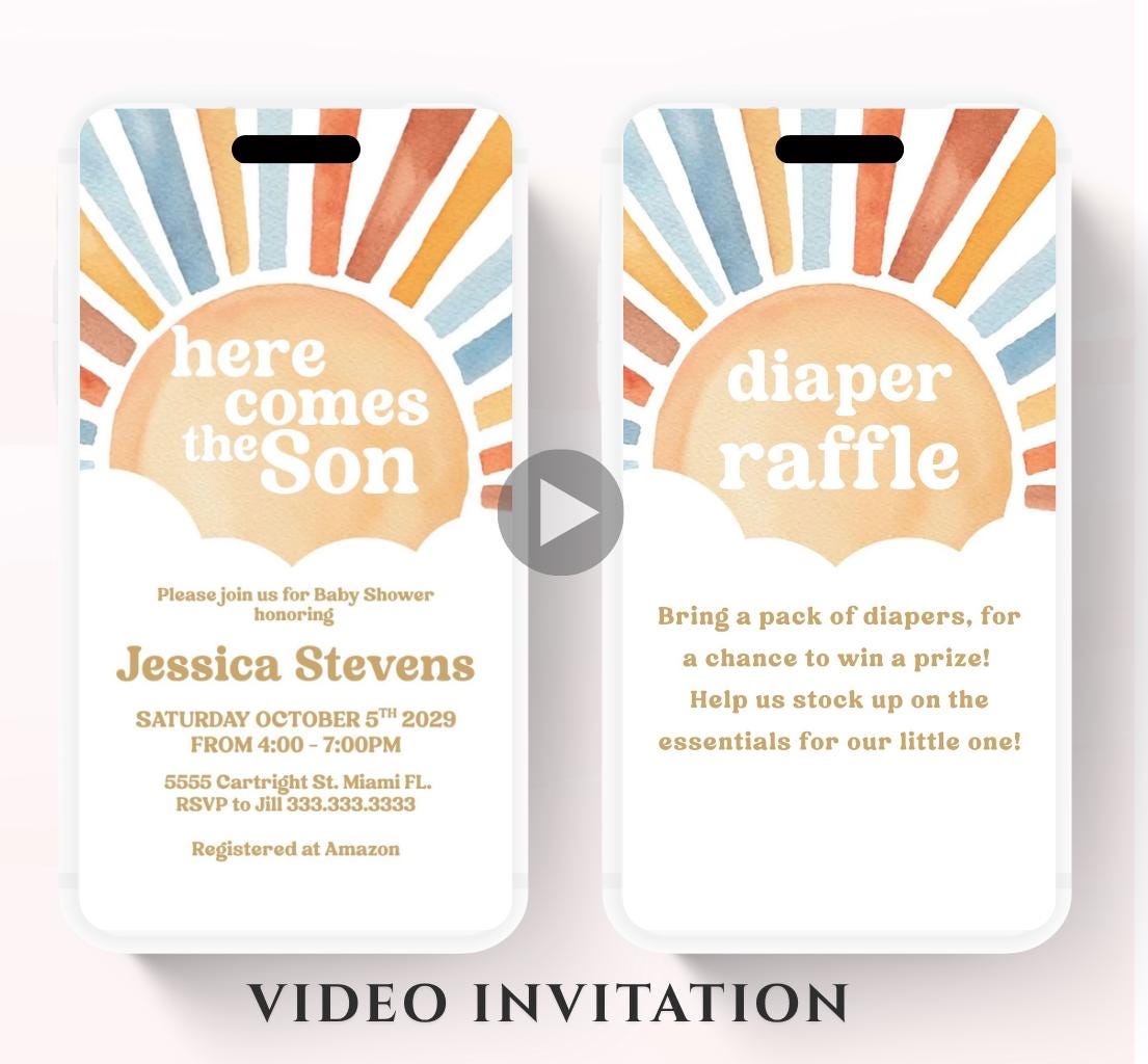 Animated Sunshine Baby Shower Invitation, Here Comes the Son Baby Shower Invite, Boy Sonshine Baby Shower, Boho Sunshine Shower sun baby-2