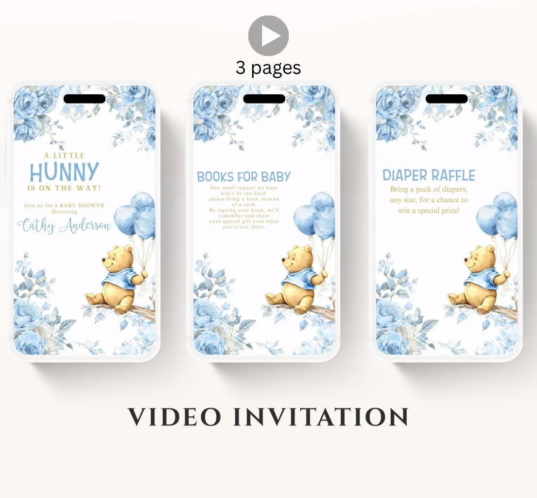 Blue Winnie shower Invitation, Winnie The Pooh Baby Shower Invitations, Winnie The Pooh Invitations Video invitation, Winnie baby shower-19